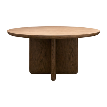 Wooden round table with a dark brown base on a white background